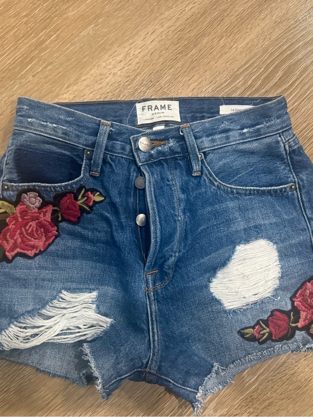 Frame Denim Blue Distressed Floral Patch High-Rise Shorts